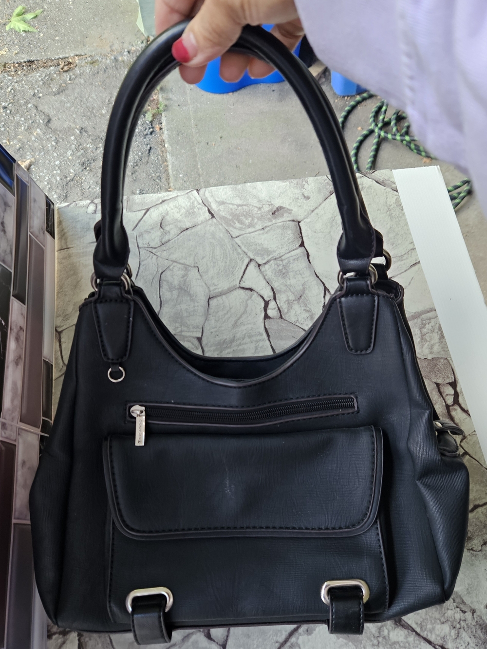 Classic Black Shoulder Tote with Front Zip and Snap Pocket - Picture 7 of 16